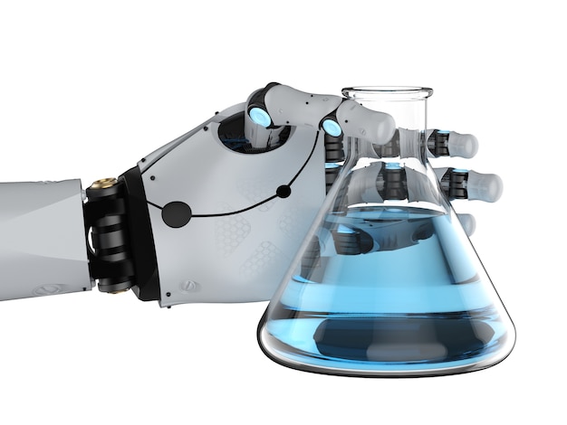 3d rendering robotic hand holding beaker with blue liquid