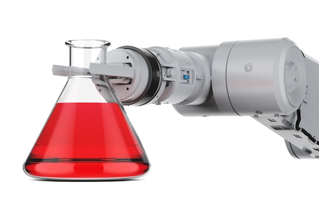 Photo 3d rendering robotic hand holding beaker with red liquid