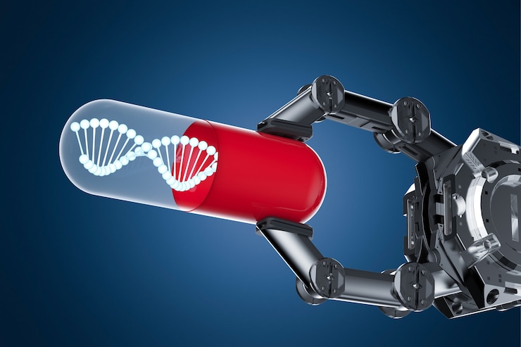 Photo 3d rendering robotic hand holding capsule with dna helix