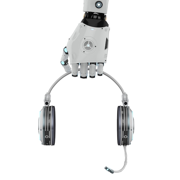 Photo 3d rendering robotic hand holding headset on white background