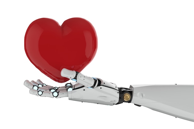 3d rendering robotic hand holding red heart on white background