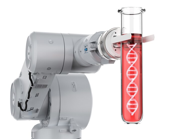 Photo 3d rendering robotic hand holding test tube with dna helix