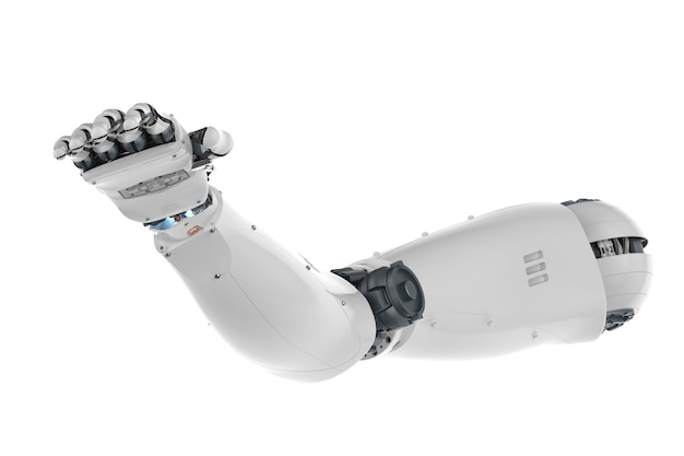 3D-рендеринг роботизированной руки, достигающей изолированного на белом