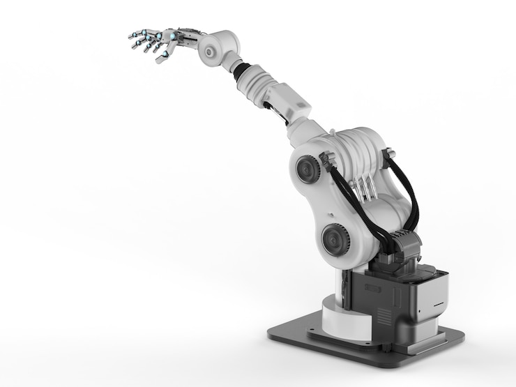 Photo 白い背景の上の指でロボットの手をレンダリングする3d