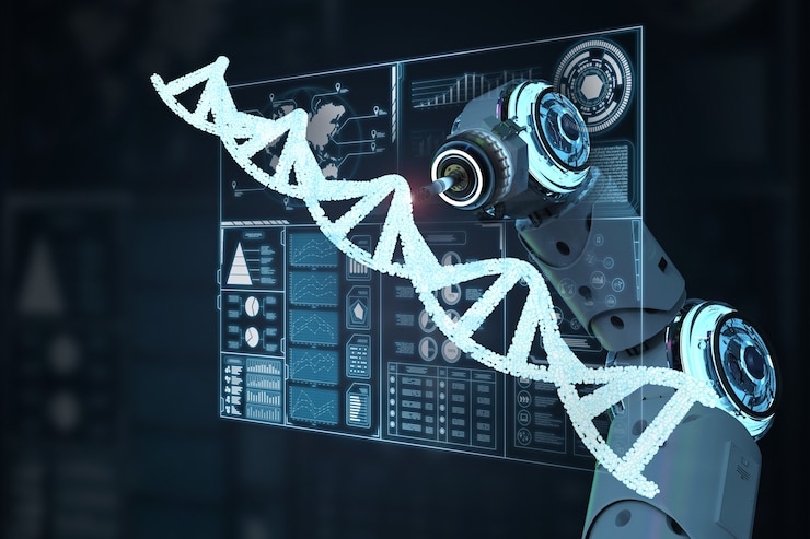 Photo 3d rendering robotic hand work with dna helix