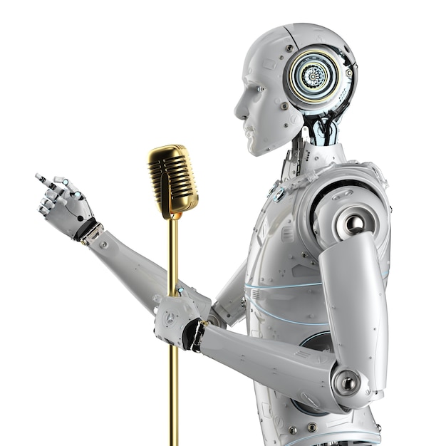 3d rendering robotic public speaker speaking with microphone