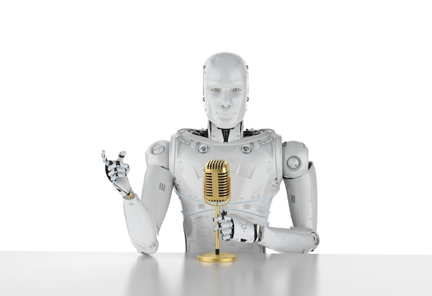 3d rendering robotic public speaker speaking with microphone