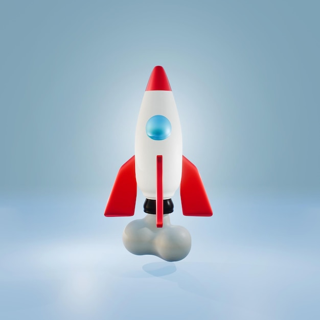 3d rendering of a rocket on a blue background with copy space