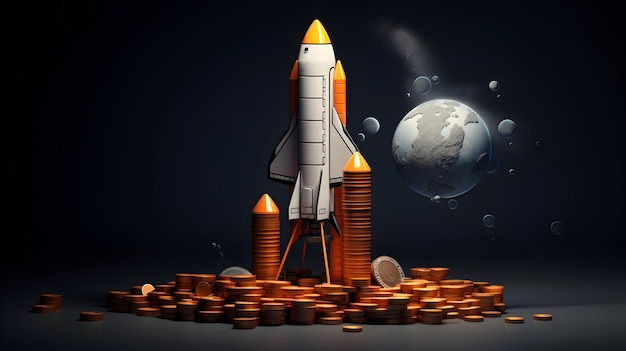 A 3D rendering of a rocket diagram and coins illustrating the journey from planning to financial success