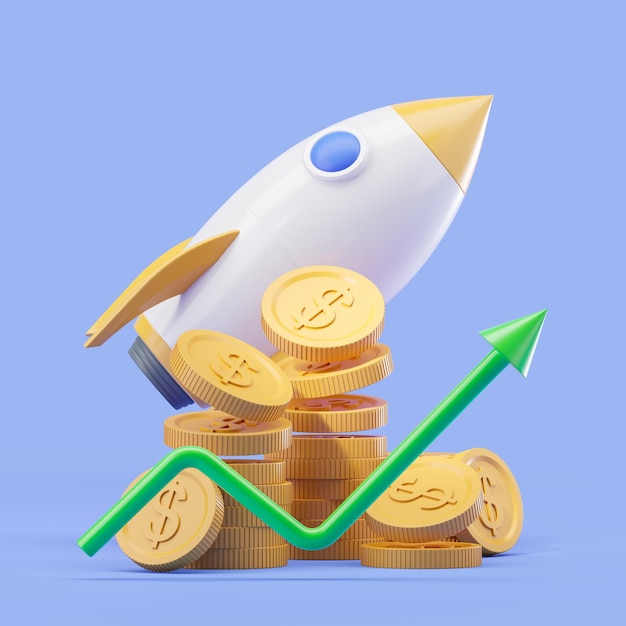 3d rendering Rocket launch and rising line with stack of coins investment in startup