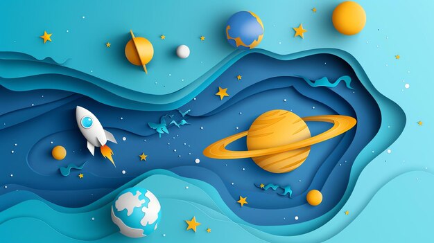 Foto rendering 3d di un razzo che vola attraverso un cielo blu stellato saturno e la terra possono essere visti sullo sfondo