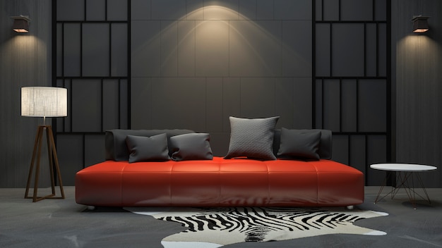 3d-rendering rode sofa in de donkere kamer