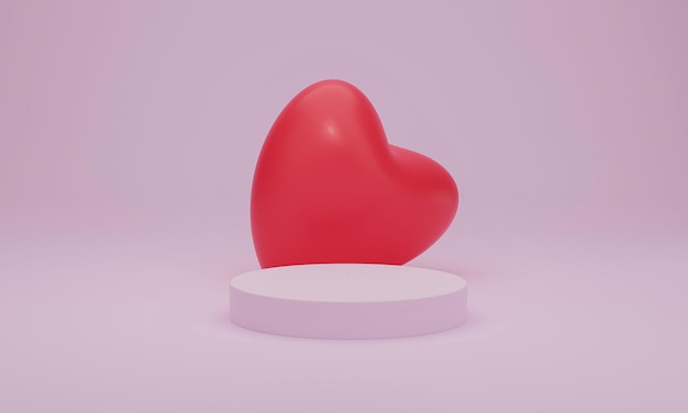 3D-rendering Rood hart op roze podium op pastelachtergrond voor valentijnsdag