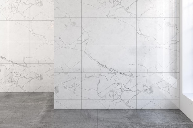 Foto rendering 3d dell'interno della stanza senza mobili. sfondo muro di marmo. rendering 3d