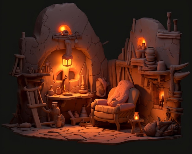 a 3d rendering of a room with a fireplace