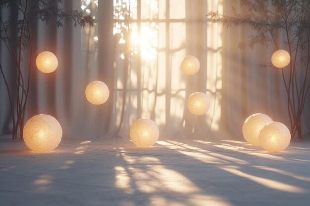 Photo 3d rendering of a room with a large window and white paper lanterns floating in the air