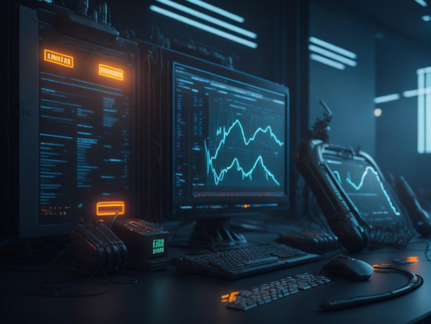 3D rendering of a room with lots of computer monitors with financial charts