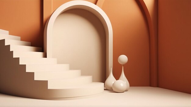 A 3d rendering of a room with a round arch and a small white ball on the floor.