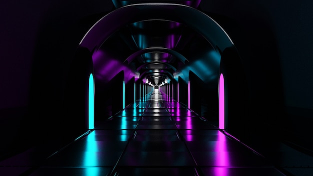 3d rendering of rooms with corridors with neon borders