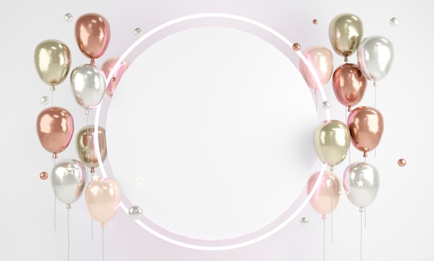 3D Rendering rose gold balloons with round light and blank paper copy space for text on background