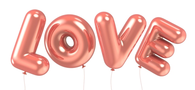 3d rendering rose gold LOVE foil balloon phrase on white background