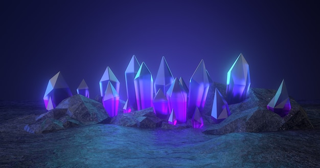 3d rendering of rough stone and blue crystal.