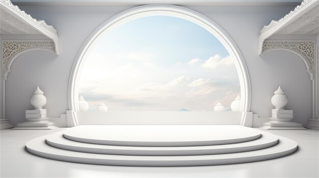 3d rendering of a round podium on a background of mountains and clouds