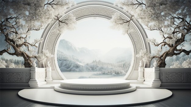 3d rendering of a round podium on a background of mountains and clouds