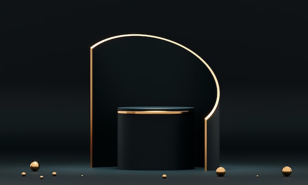 3D rendering round podium geometry with black and gold elements