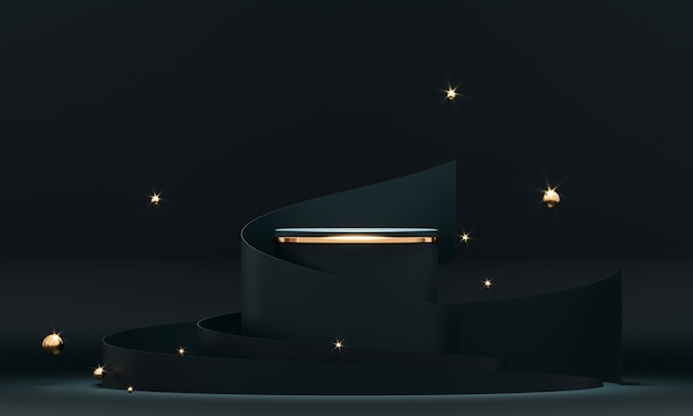 3D rendering round podium geometry with black and gold elements.