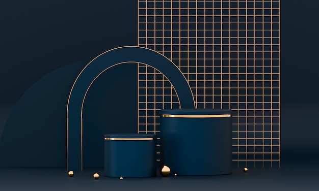 3D rendering round podium geometry with blue and gold elements