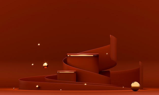 3D rendering round podium geometry with red and gold elements.