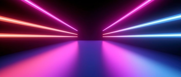 3D 렌더링 둥근 분홍색 파란색 네온 선 어에서 반이는 추상적인 미니멀리즘 기하학적 배경 자외선 스트럼 사이버 공간 미래의 벽지