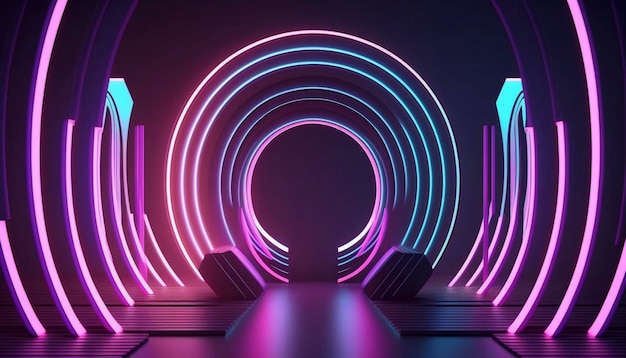 3 d レンダリング丸みを帯びたピンク ブルー ネオン ライン暗闇の中で光る抽象的なミニマリストの幾何学的な背景紫外線スペクトル サイバー スペース未来の壁紙