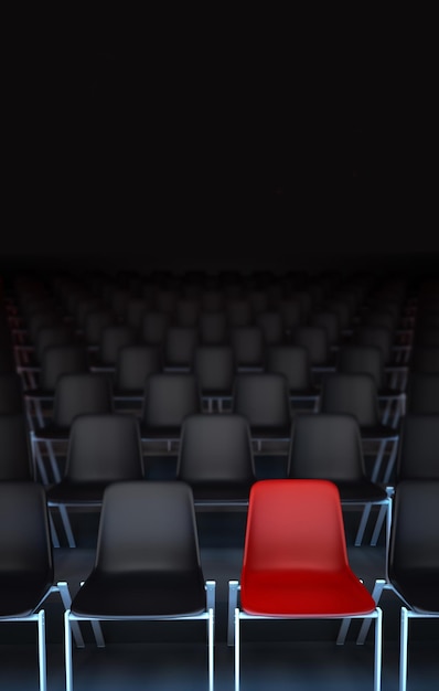 3d rendering of rows of black chairs and a red one