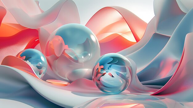 3D-rendering Roze en blauwe pastelkleuren Abstracte compositie van doorzichtige bollen en golven Futuristische en elegante achtergrond
