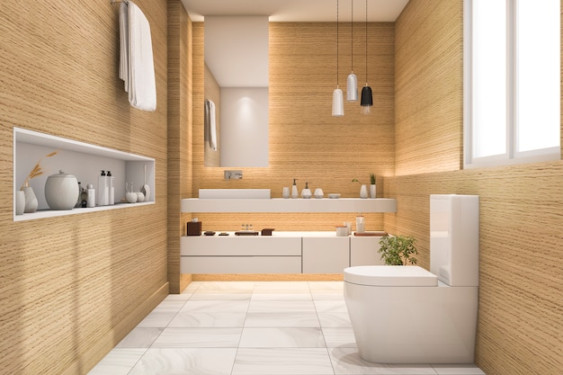 3d-rendering ruim en mooi toilet met wit hout design