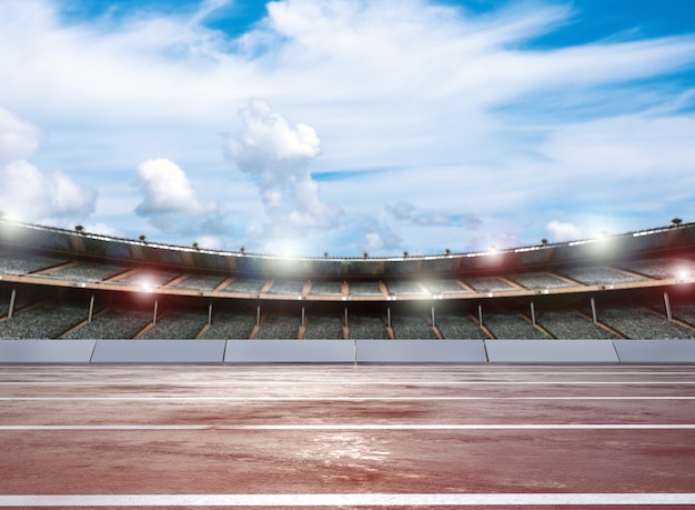 Foto pista da corsa di rendering 3d con sfondo dello stadio