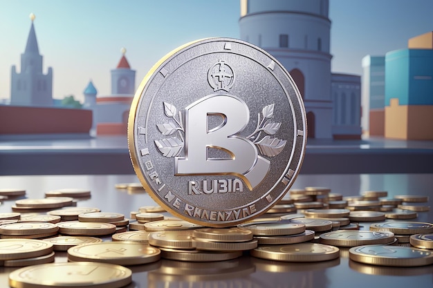 3d rendering of russia ruble symbol on coin lean on bank icon on background concept of russian economy and financial 3d render illustration cartoon style
