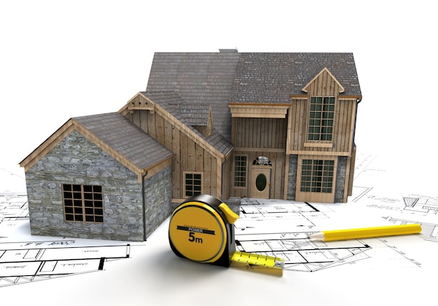 3D rendering of a rustic house on top of blueprints with a tape measure and a pencil