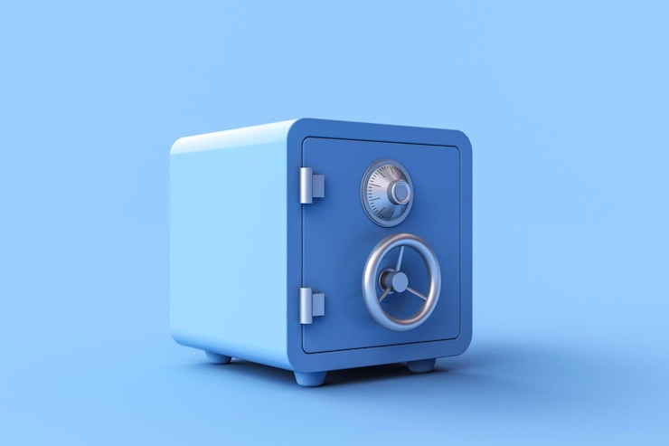 Photo 3d rendering of safe box on blue background