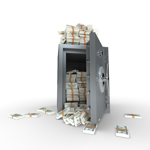 3D rendering of a safe full of hundred dollar notes