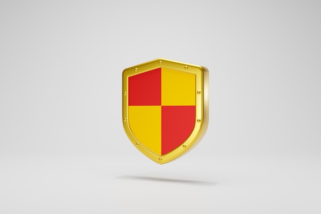 3D Rendering Safety concept. Steel protection guard shield icon gold red color side