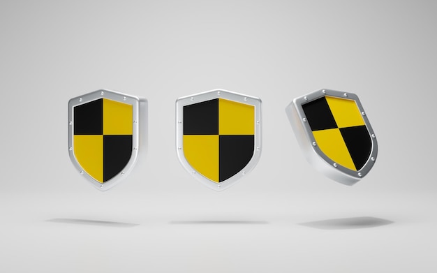 3d rendering safety concept. steel protection guard shield icon\
silver yellow color pack