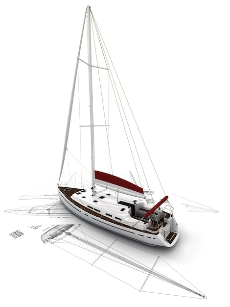 3D rendering of a sailboat on top of sailboat plans