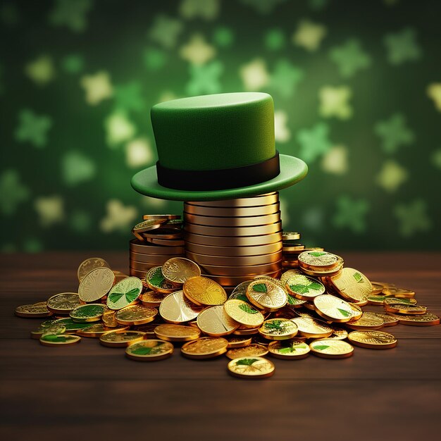 3d rendering saint patrick hat with gold coins with simple background