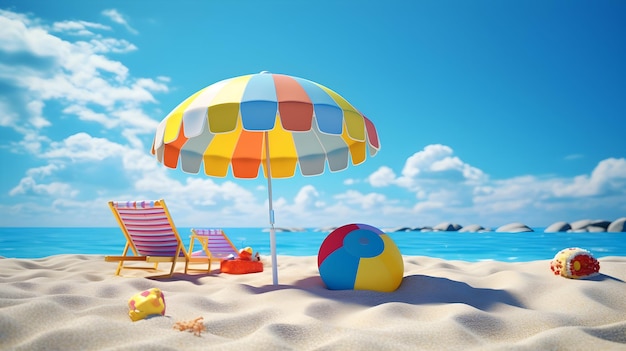 A 3D rendering of a sandy beach scene with a beach ball umbrella