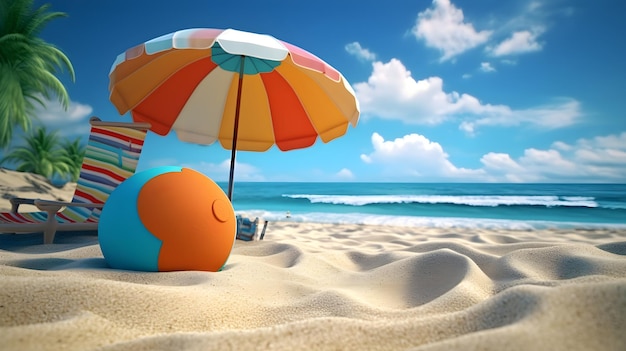 A 3D rendering of a sandy beach scene with a beach ball umbrella