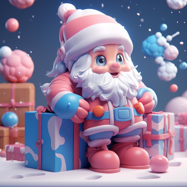 3D rendering of Santa Claus with gift boxes in pastel pink and blue colors