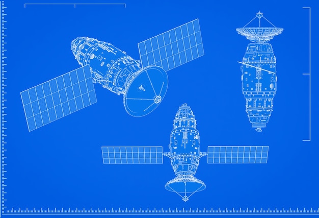 Photo 3d rendering satellite dish blueprint with scale on blue background